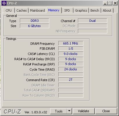 Vue de la mémoire totale en vue de l'overclocking de la RAM. Le type de mémoire est DDR3, on a accès aux informations concernant les différents timings grâce à CPU-Z.