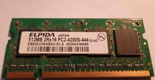 EBE52UD6ABSA-5C-E RAM Portable Elpida DDR2 512 Mb non ECC PC2-4200S, taux de transfert 533MHz, latence programmable de CL3 à CL5, 1.8V (+/-0.1), garantie 2 ans