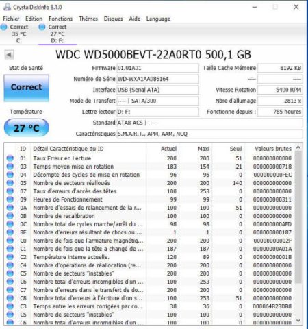 WD5000BEVT Disque dur Western Digital Scorpio Blue, 01.01A01 2,5" 500Gb SATA cache 8.1Mb, ATA8-ACS SATA/300 Testé avec Crystaldiskinfo