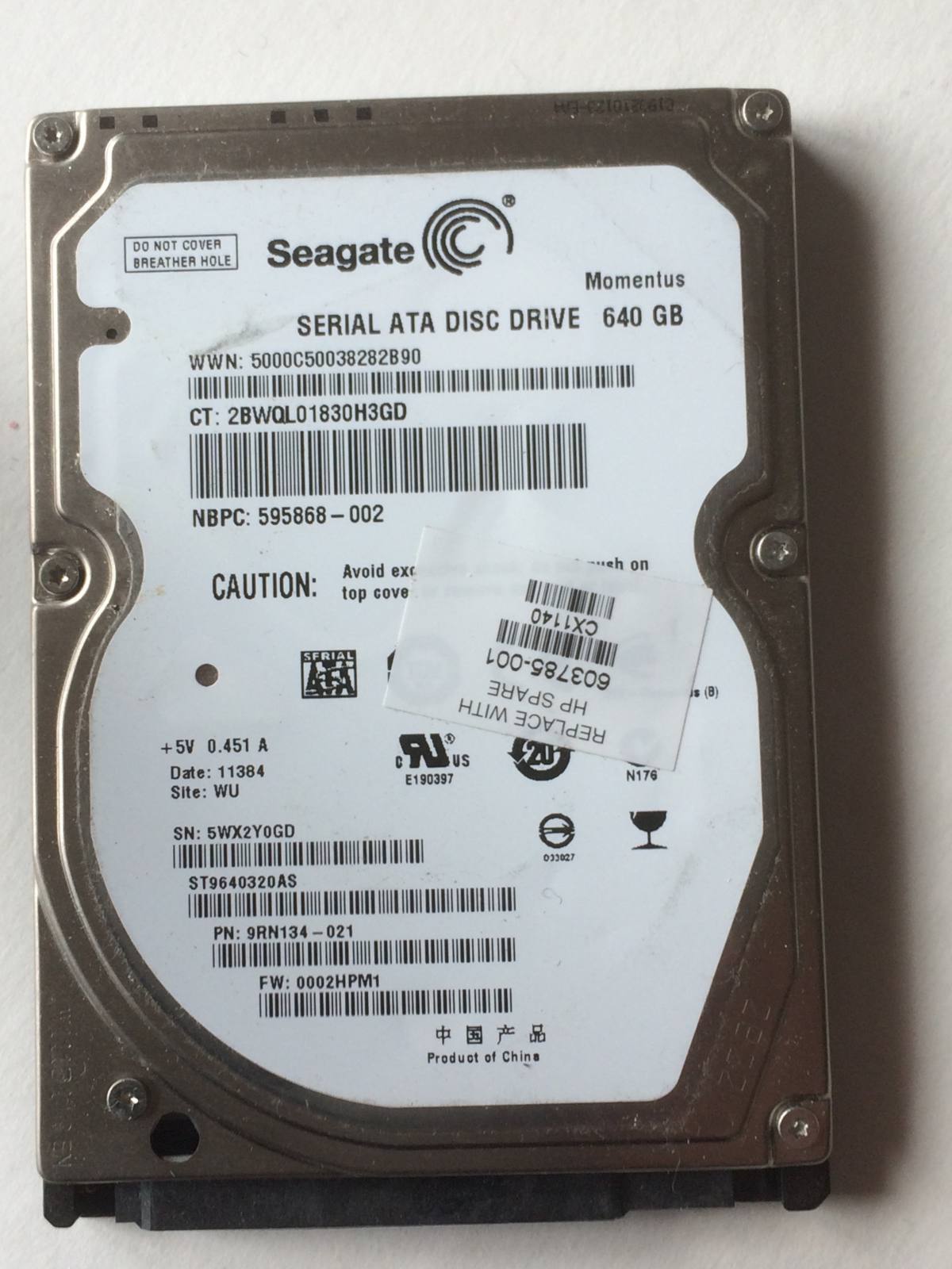 ST9640320AS Disque dur Seagate Momentus 5400, 2,5" 640Gb SATA cache 8.1Mb, ATA8-ACS SATA/300 Garantie 1 an retour 30 jours
